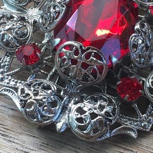 Vintage Blood Red Rhinestone and Filigree Brooch
